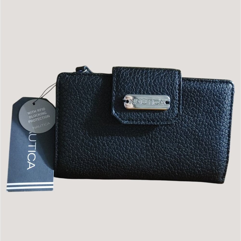Nautica Womens Black RFID Protection Trifold Wallet With ID Window & Card Slots